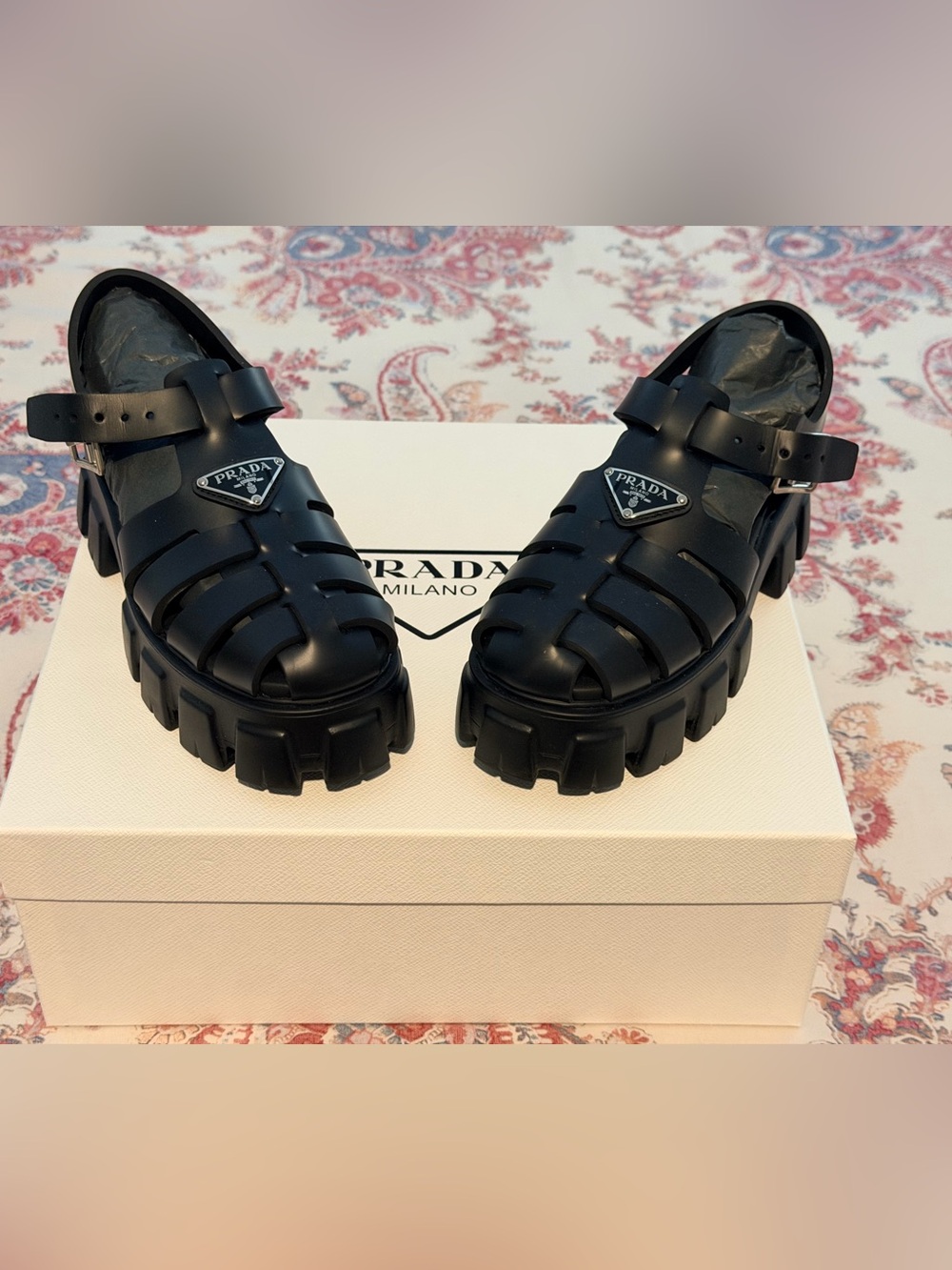 Prada Matte Black Lug-Soled Fisherman Sandals
